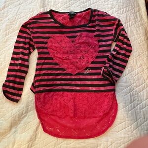 XOXO Long Sleeve Pink and Black Tee Lace and Striped Design